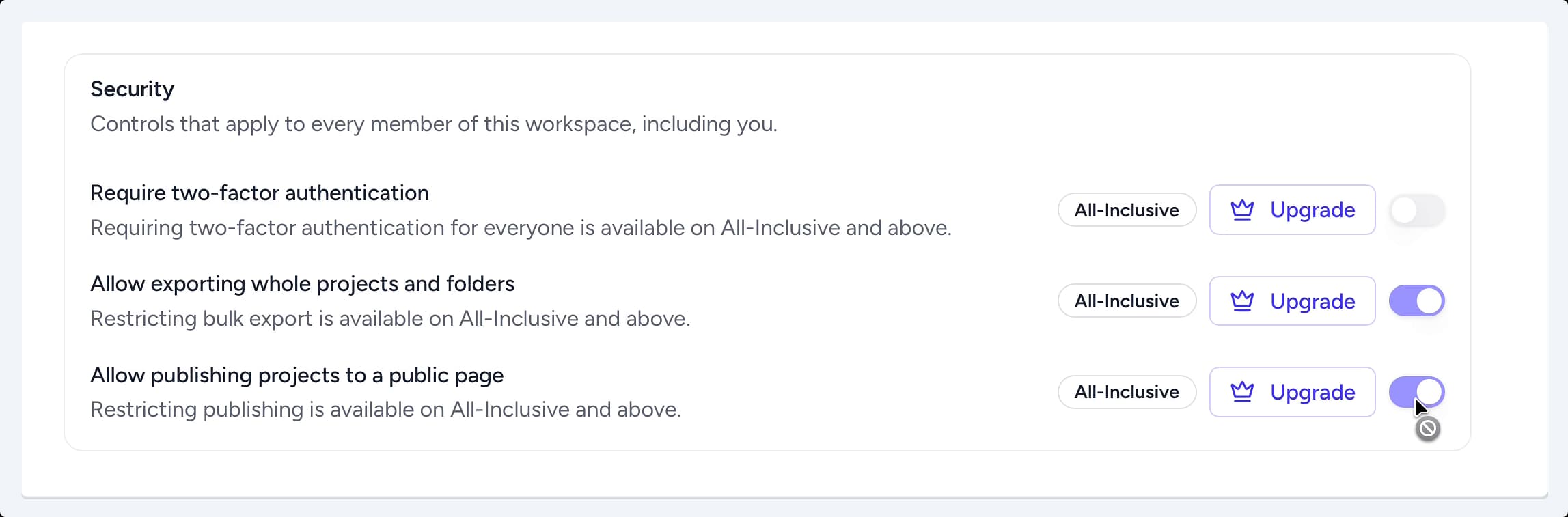 The security settings section showing a cursor toggling the switch for allowing the publishing of projects to a public page. The security settings section showing a cursor toggling the switch for allowing the publishing of projects to a public page.