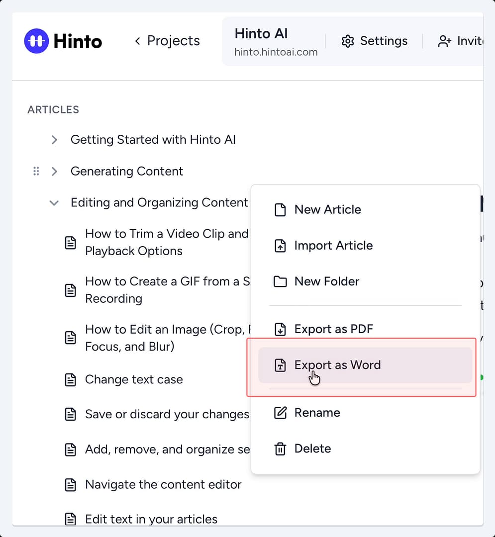A dropdown menu next to a folder in the table of contents, with the 'Export as Word' option selected. A dropdown menu next to a folder in the table of contents, with the 'Export as Word' option selected.
