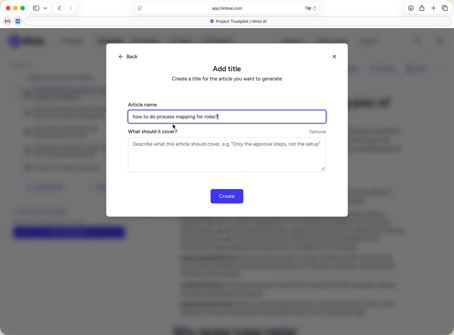 The Add title modal with the Article name field filled in as how to do process mapping for roles. The Add title modal with the Article name field filled in as how to do process mapping for roles.
