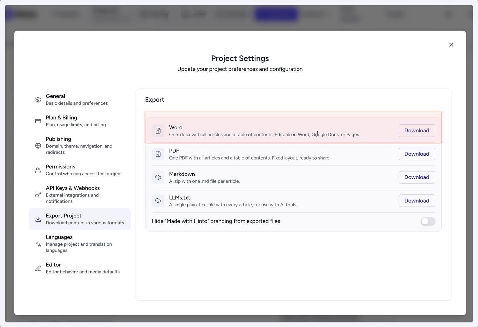 The 'Project Settings' screen with the 'Export Project' tab active, showing the download button for the Word format. The 'Project Settings' screen with the 'Export Project' tab active, showing the download button for the Word format.