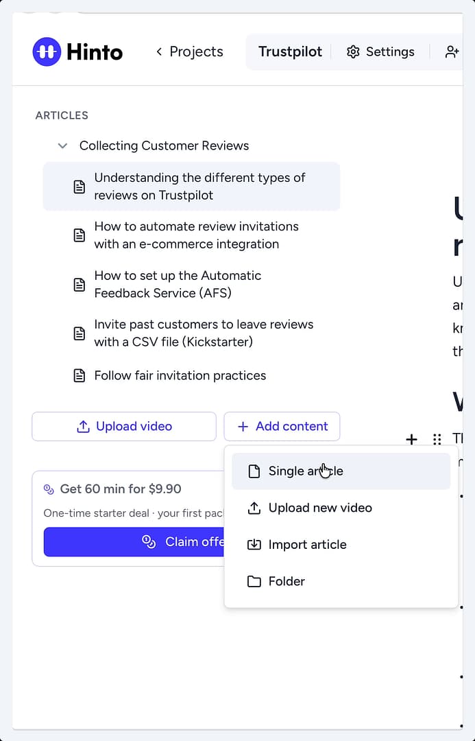 The Add content button on the left sidebar with the Single article option selected from the dropdown menu. The Add content button on the left sidebar with the Single article option selected from the dropdown menu.
