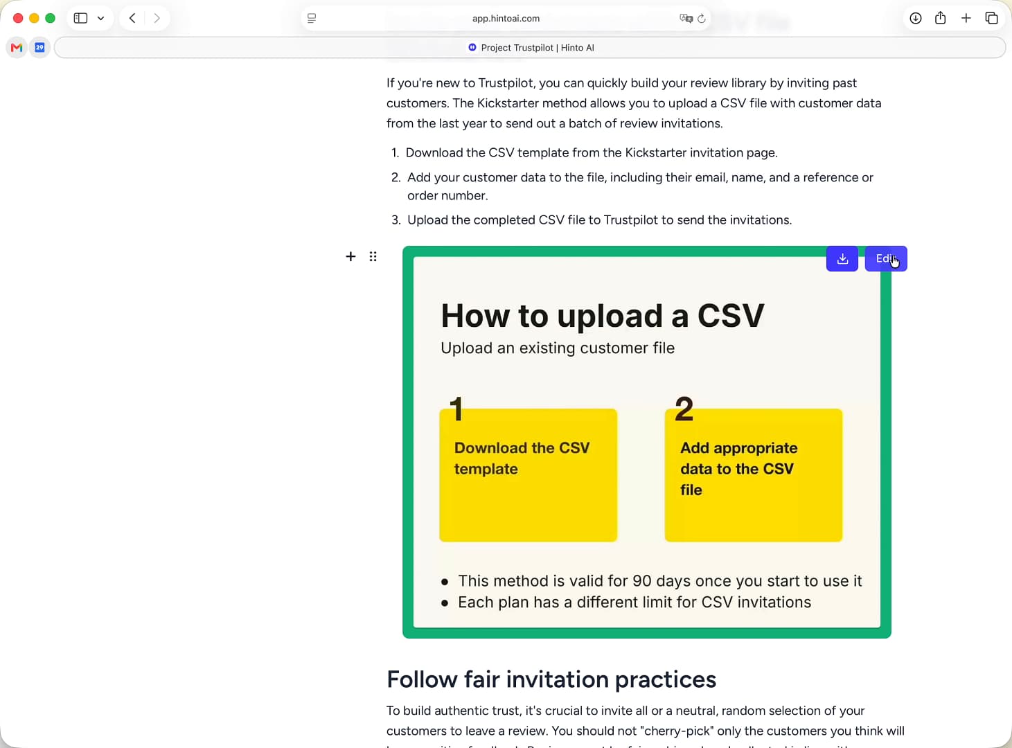 An image of a two-step process to upload a CSV file. The Edit and Download icons are visible in the top right. An image of a two-step process to upload a CSV file. The Edit and Download icons are visible in the top right.