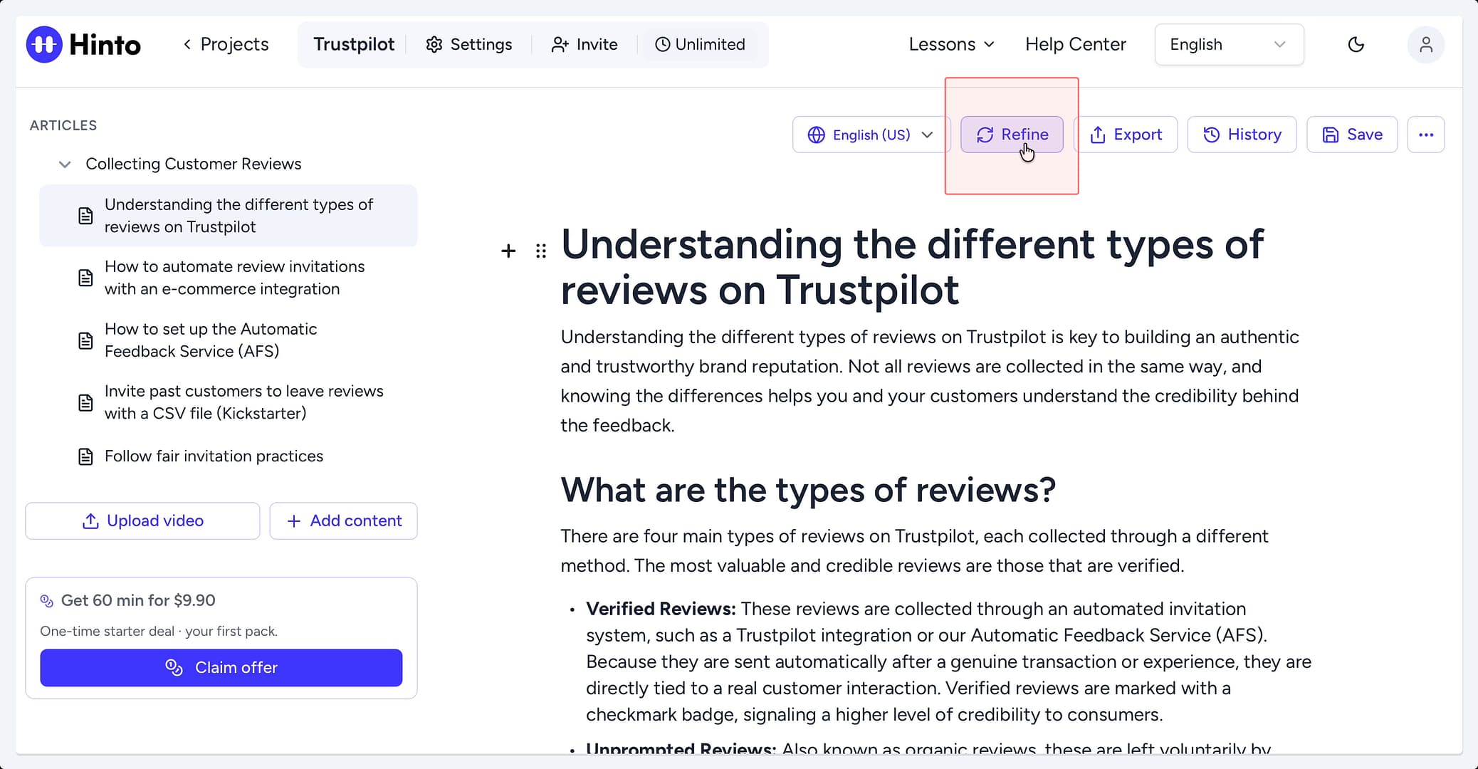 The Hinto AI editor with a generated article about Trustpilot reviews, with the cursor clicking the Refine button in the top toolbar. The Hinto AI editor with a generated article about Trustpilot reviews, with the cursor clicking the Refine button in the top toolbar.
