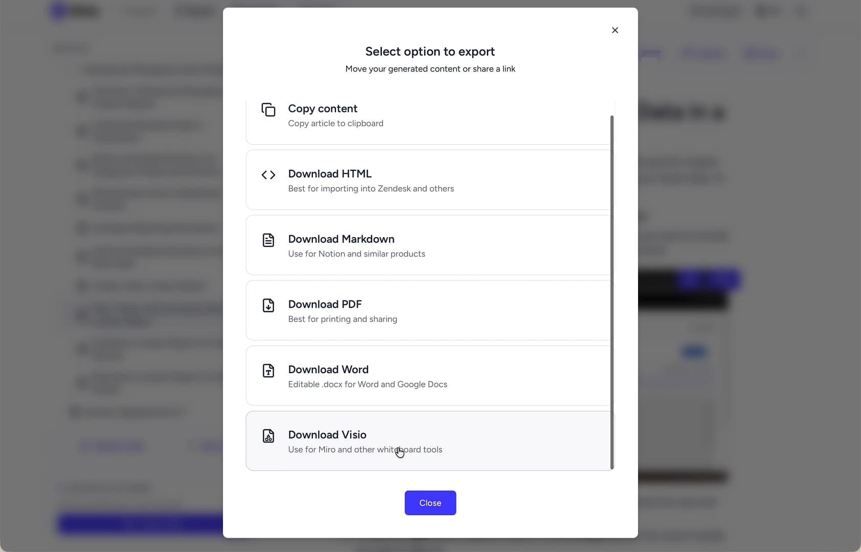 The 'Select option to export' modal with the 'Download Visio' option at the bottom. The 'Select option to export' modal with the 'Download Visio' option at the bottom.