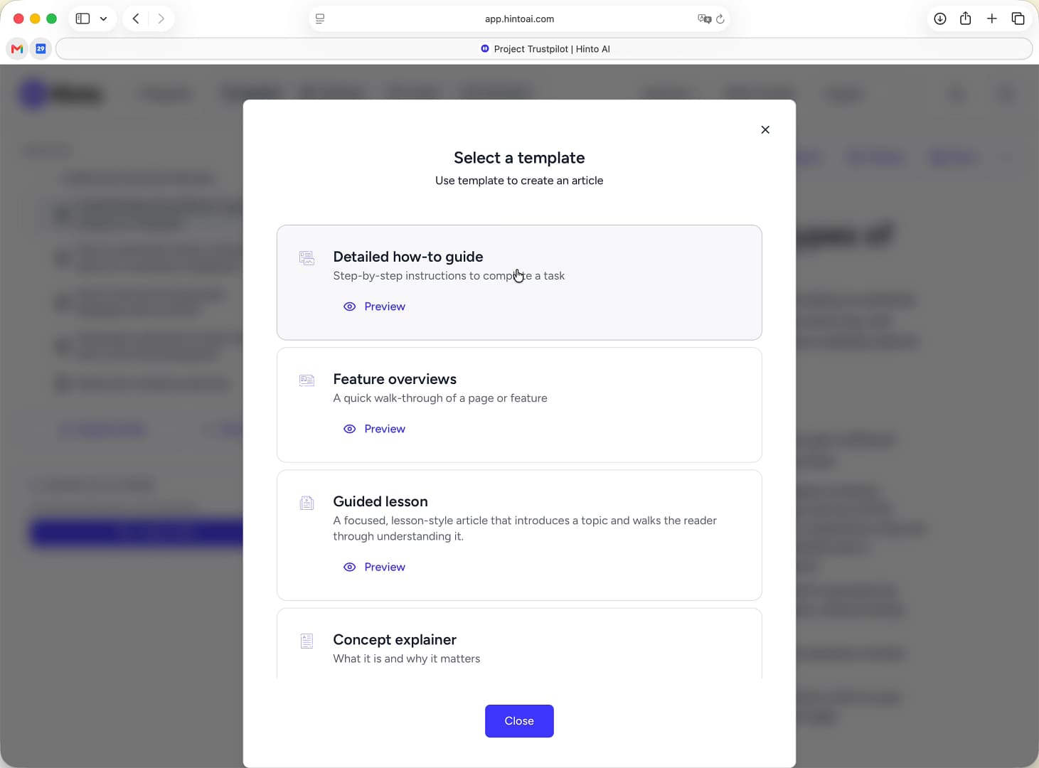 The Select a template modal with four options, and the cursor over the Detailed how-to guide option. The Select a template modal with four options, and the cursor over the Detailed how-to guide option.