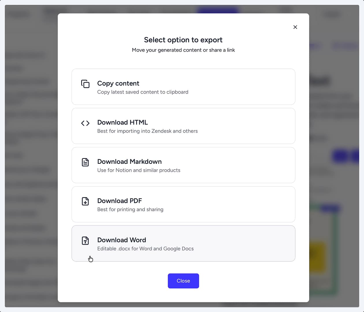 The 'Select option to export' modal with the 'Download Word' option highlighted at the bottom. The 'Select option to export' modal with the 'Download Word' option highlighted at the bottom.