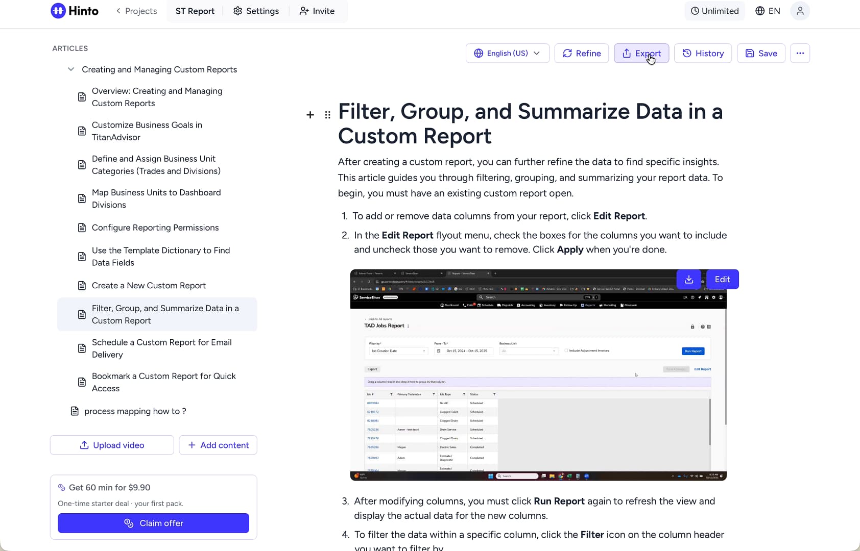 The article editor interface with the 'Export' button highlighted in the top-right corner. The article editor interface with the 'Export' button highlighted in the top-right corner.