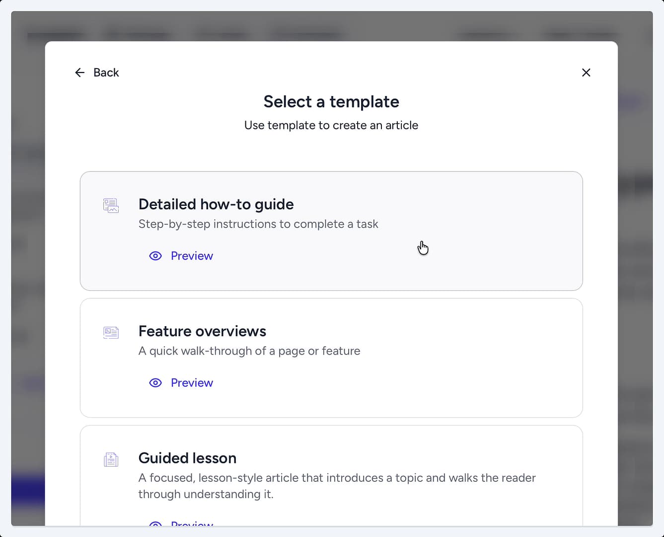 The 'Select a template' modal, showing a list of available article templates such as 'Detailed how-to guide' and 'Concept explainer'. The 'Select a template' modal, showing a list of available article templates such as 'Detailed how-to guide' and 'Concept explainer'.