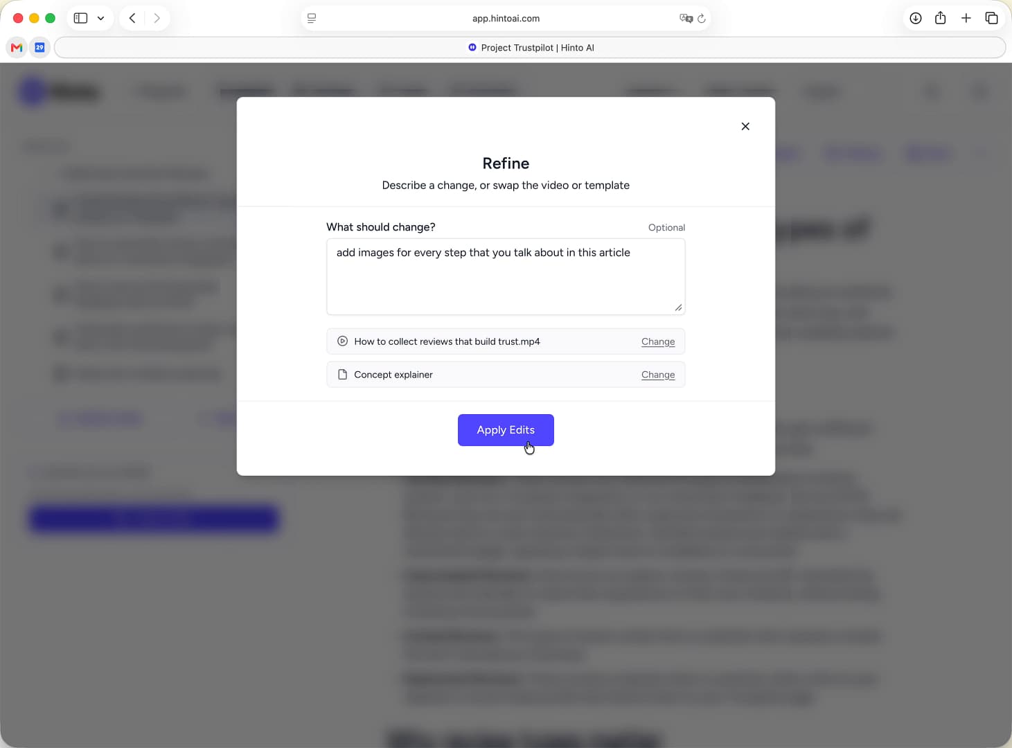 The Refine modal with custom instructions, with the cursor positioned over the 'Apply Edit' button at the bottom. The Refine modal with custom instructions, with the cursor positioned over the 'Apply Edit' button at the bottom.
