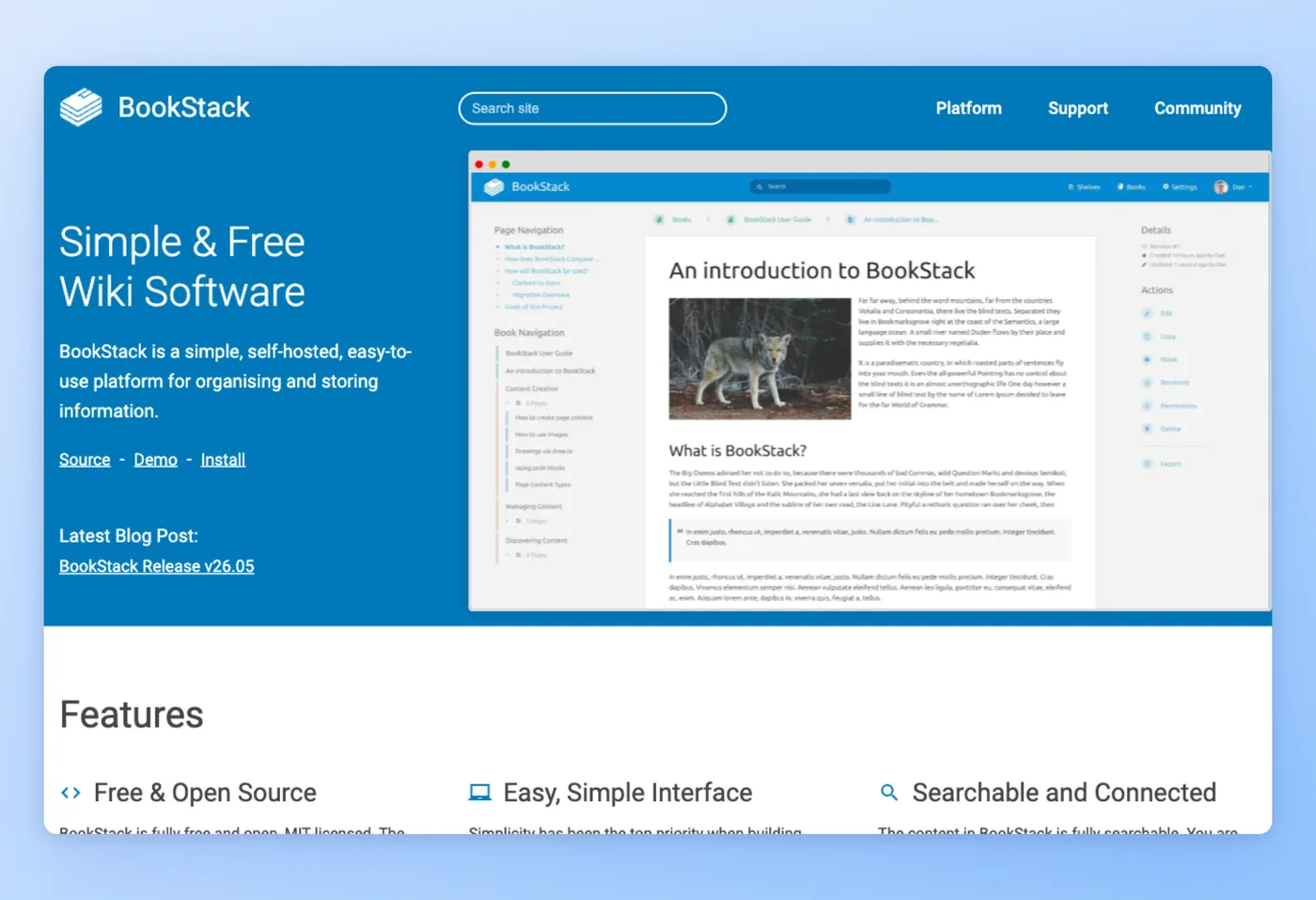 Captura de ecrã da interface do BookStack