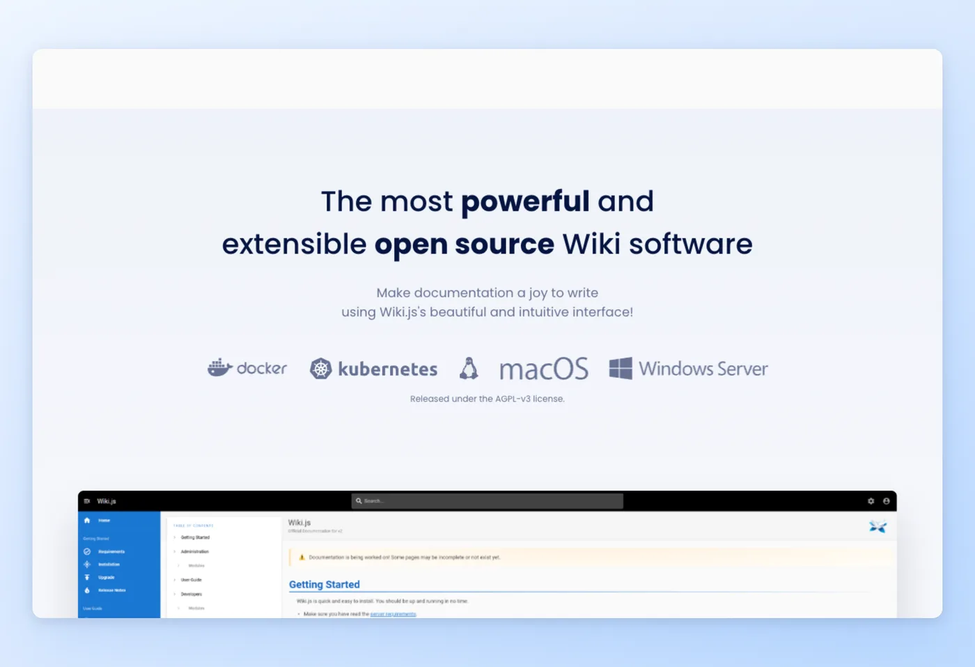 Captura de ecrã da interface do Wiki.js