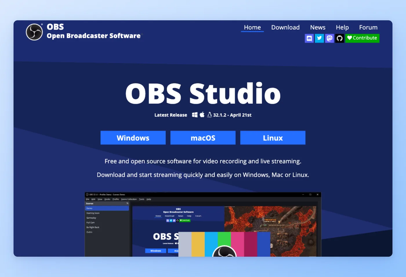 Captura de ecrã da interface do OBS Studio