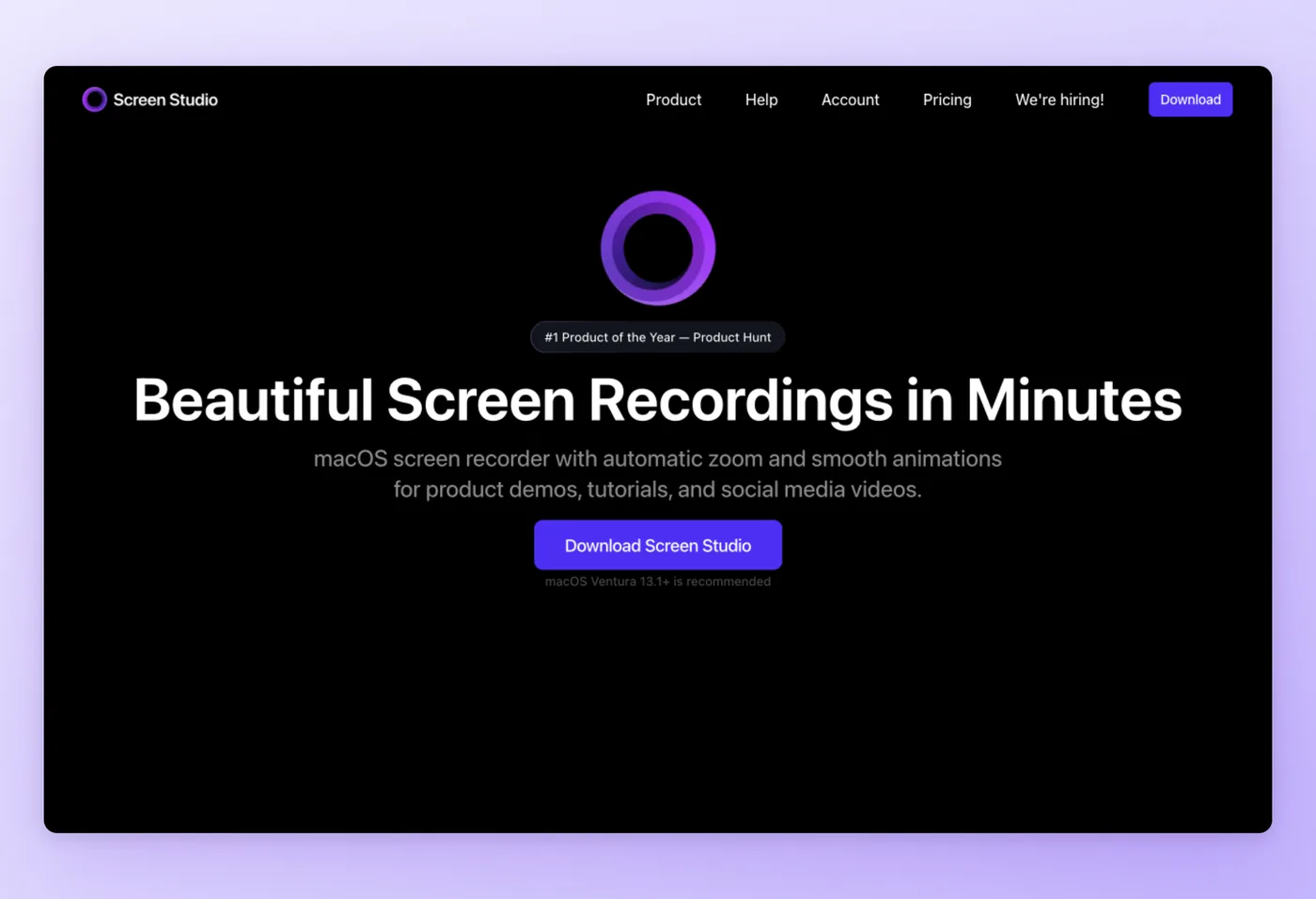 Captura de ecrã da interface do Screen Studio