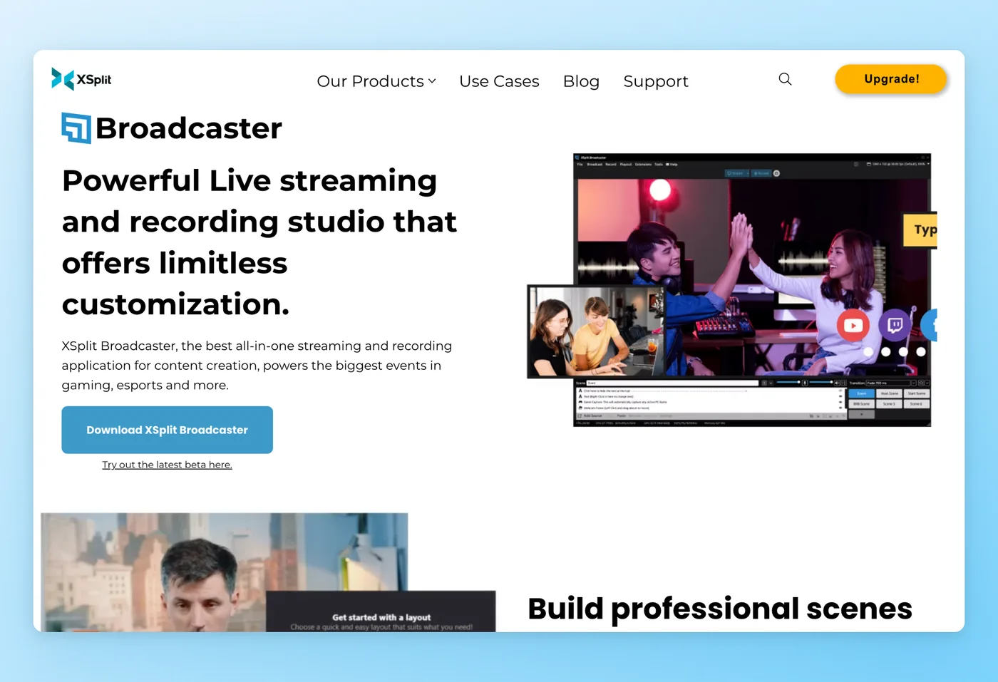 Captura de ecrã da interface do XSplit Broadcaster