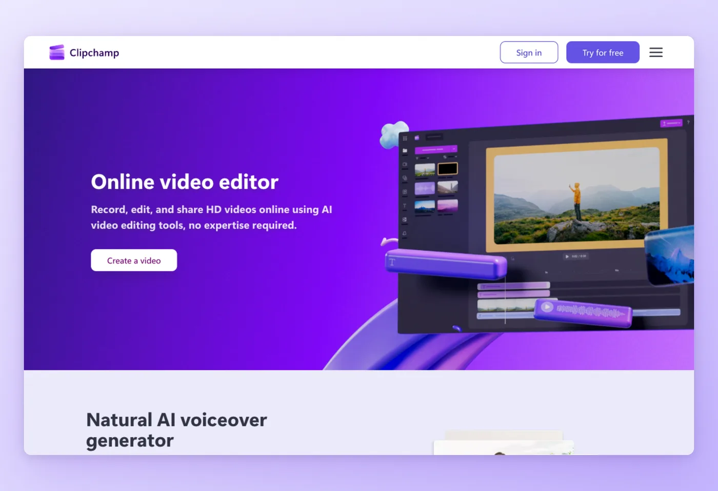 Captura de pantalla de la interfaz de Clipchamp