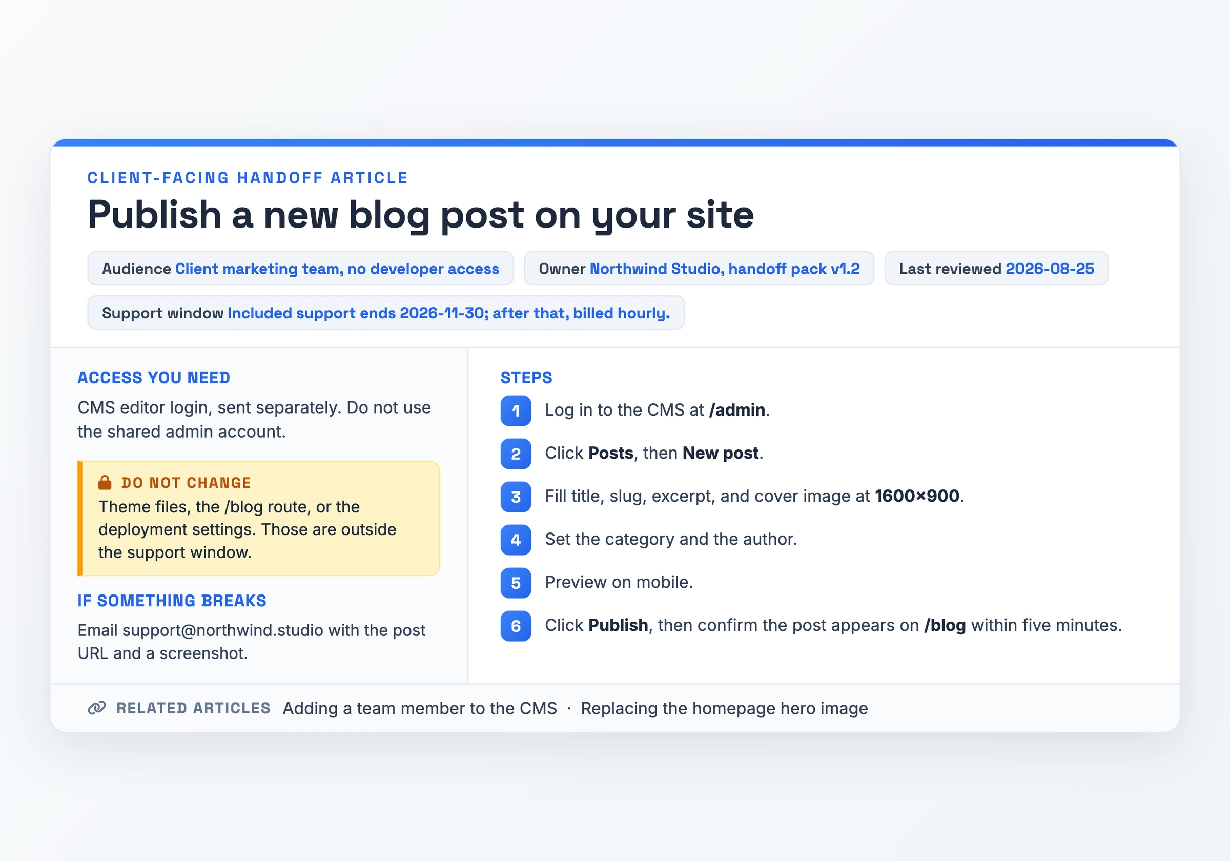 Articolo di passaggio di consegne di un'agenzia al cliente per pubblicare un post di blog in un CMS, con i campi destinatari team marketing del cliente, l'agenzia come responsabile, una finestra di supporto con data, l'accesso richiesto, sei passaggi numerati di pubblicazione, e un confine "Non modificare" che elenca i file del tema, la route del blog e le impostazioni di deployment