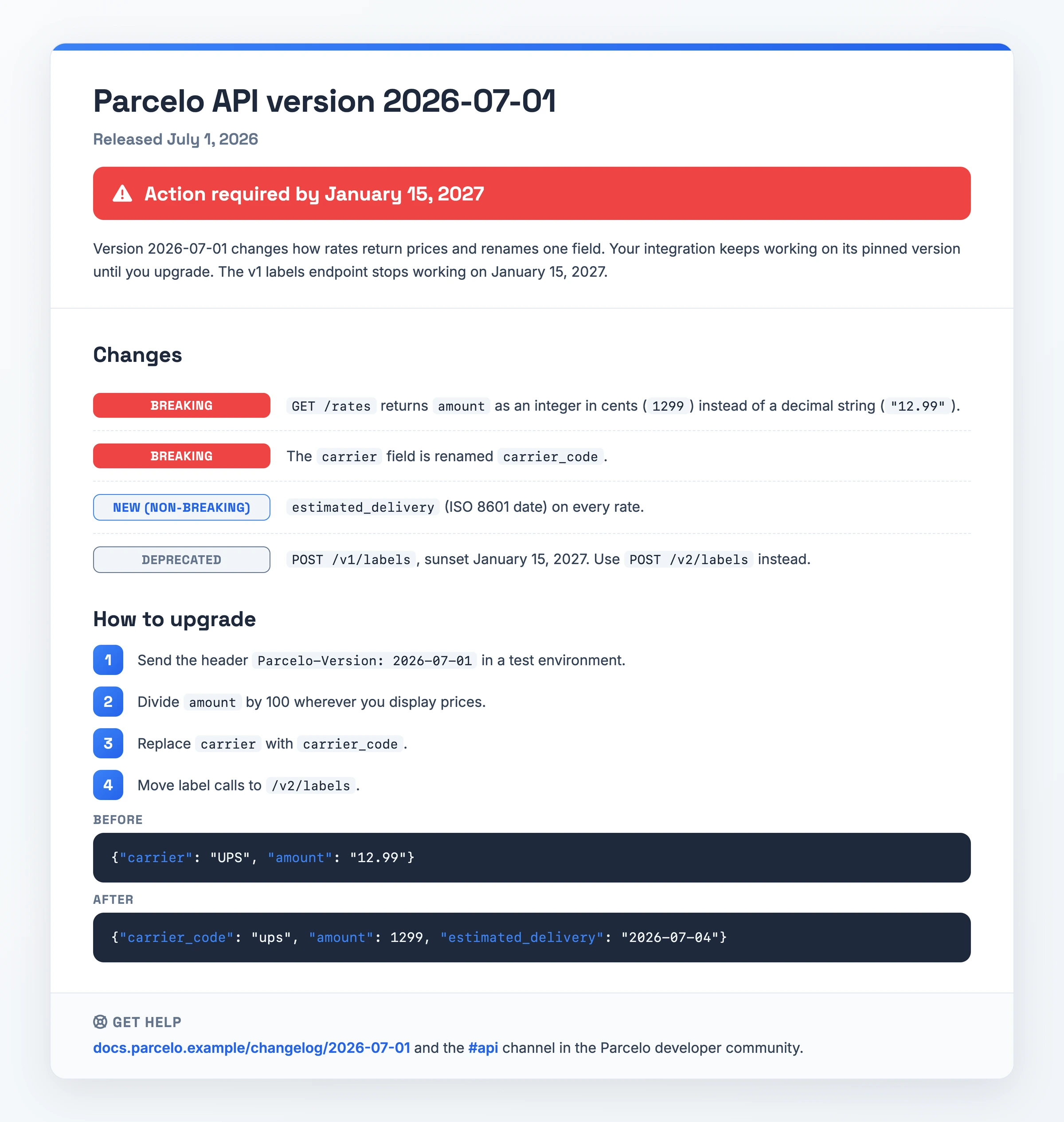 Nota completa de cambio de versión de la API de Parcelo 2026-07-01 con una fecha límite de acción obligatoria del 15 de enero de 2027, dos cambios incompatibles, un campo nuevo, un endpoint de etiquetas obsoleto, cuatro pasos de actualización y un ejemplo de payload JSON de antes y después