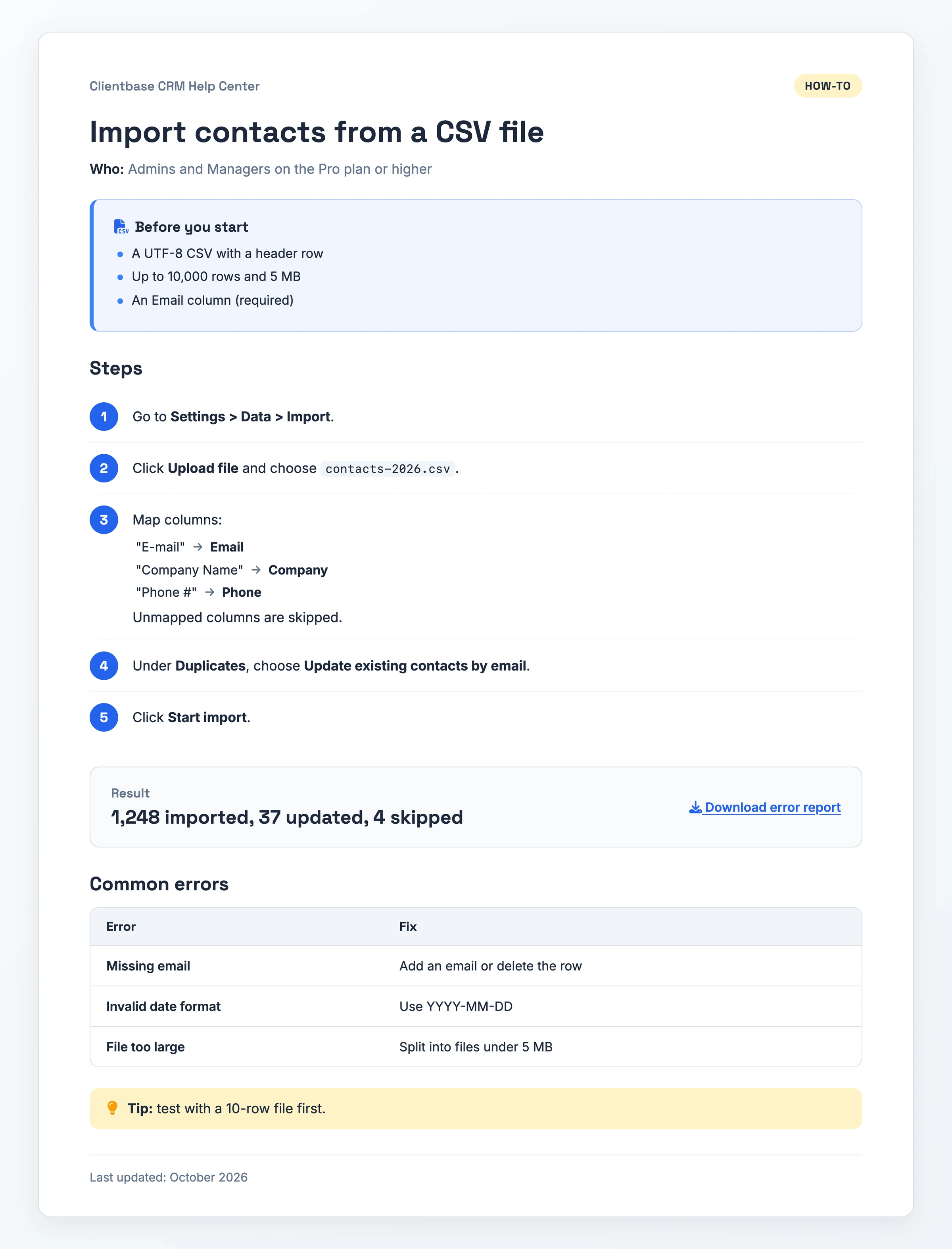 Article tutoriel complet pour importer des contacts dans un CRM depuis un fichier CSV, avec qui peut le faire, les exigences du fichier, cinq étapes, le récapitulatif de l'import et un tableau des erreurs courantes avec leurs solutions