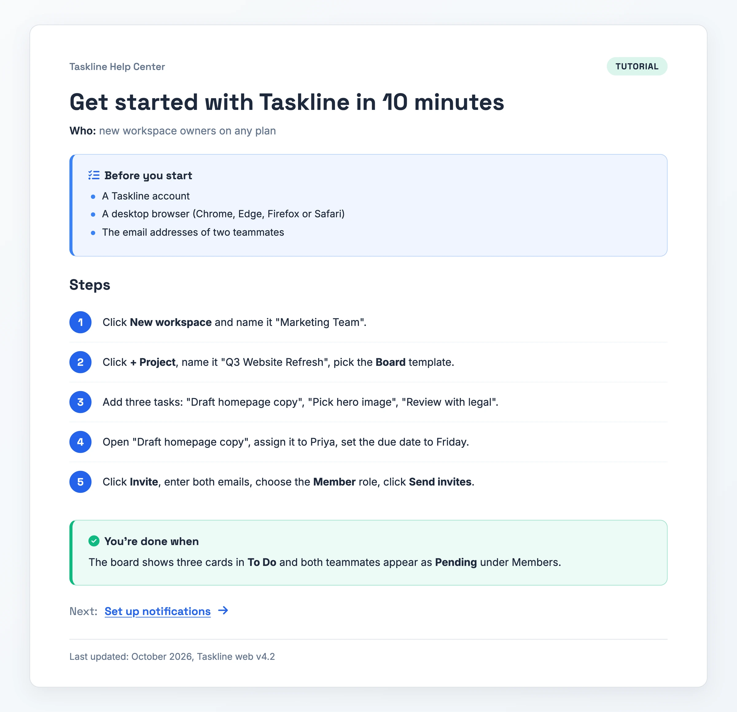 Filled-in quick start guide for the Taskline project management app, showing the audience line, prerequisites, five numbered setup steps, a "you're done when" check and a last-updated version line