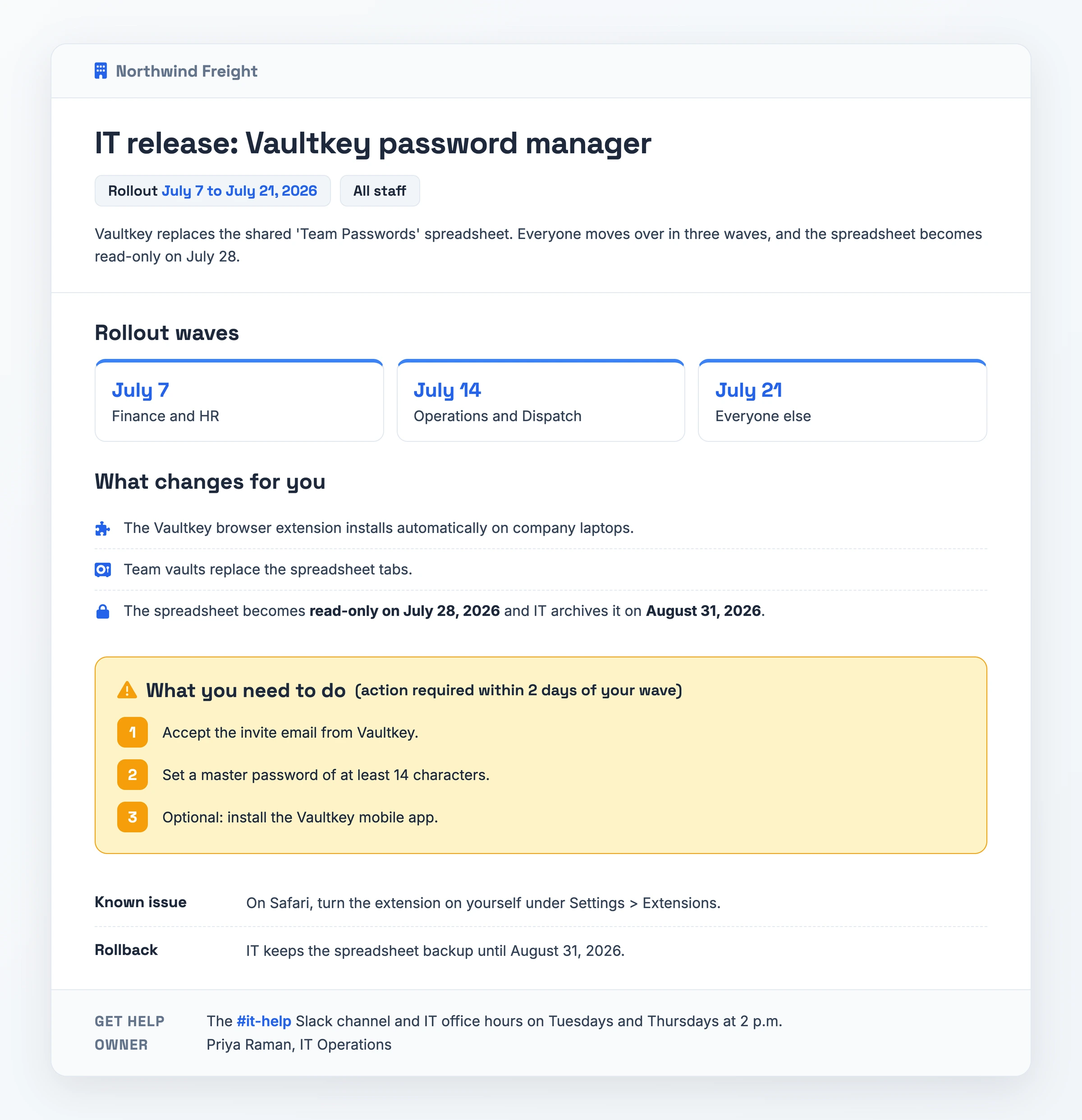 Filled-in internal IT rollout note for Northwind Freight's move to the Vaultkey password manager, listing three rollout waves, what changes for staff, three required steps with a two-day deadline, a Safari known issue, the rollback plan and the IT owner