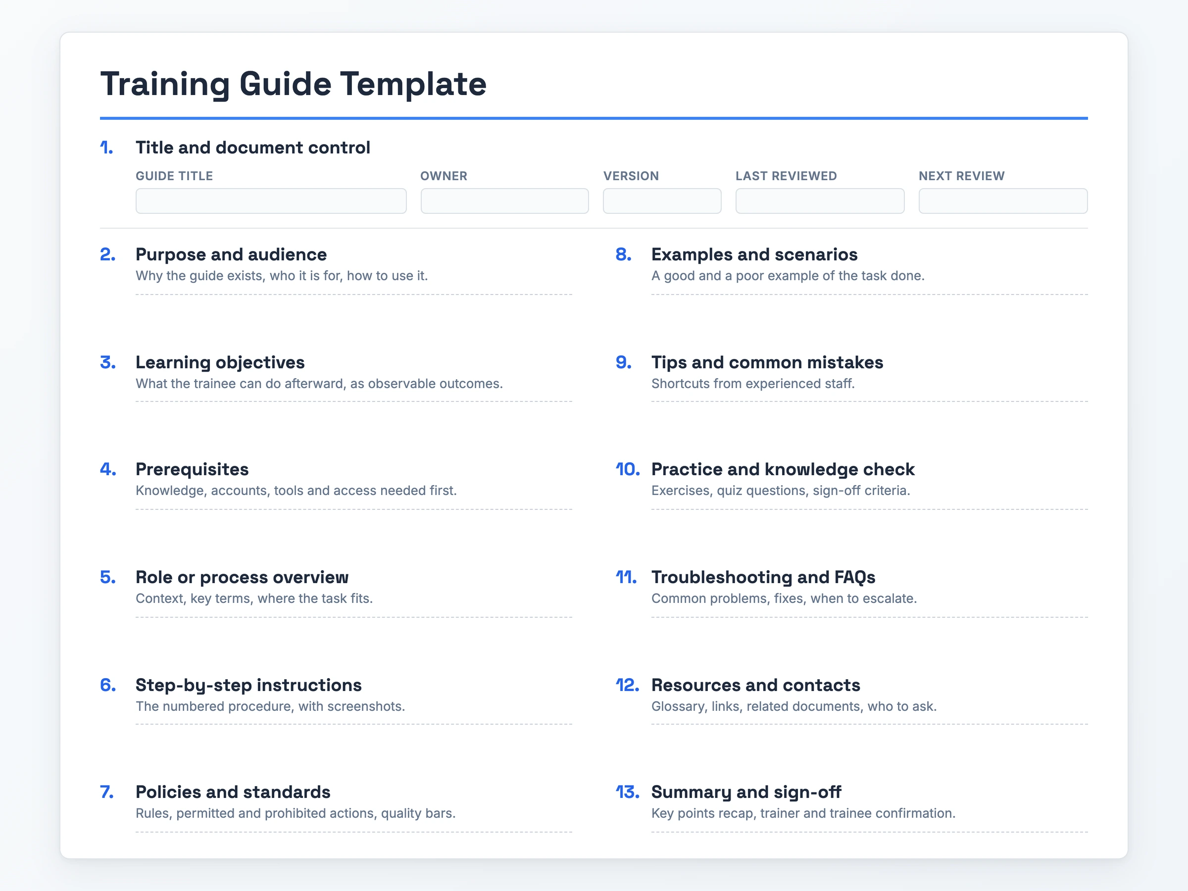 Preview of the blank training guide template listing its 13 sections in order, from title and document control through step-by-step instructions to summary and sign-off.